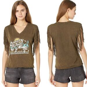 Rock & Roll Short Fringe Sleeve Country Roads T-Shirt Medium